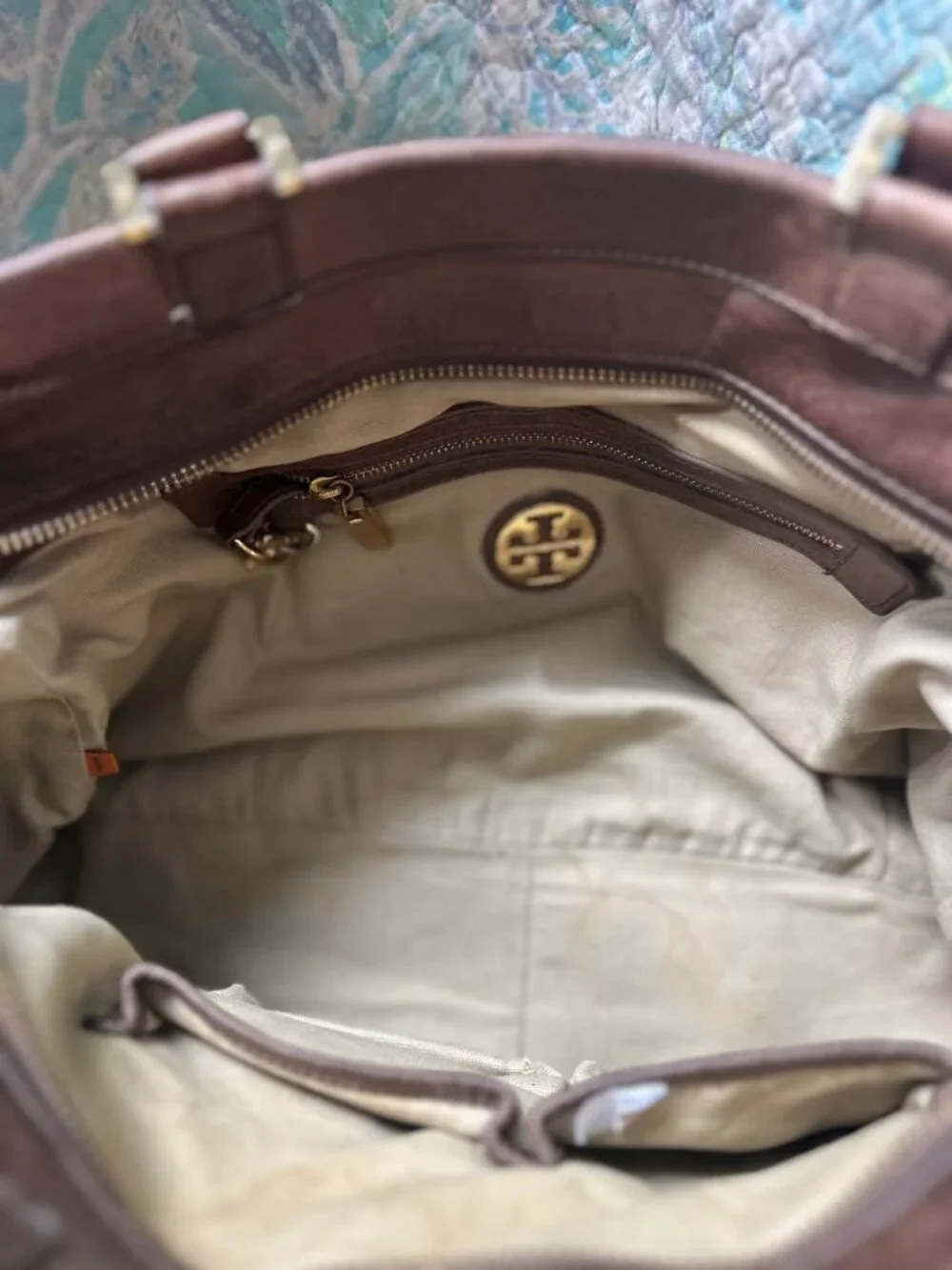 Tory Burch Large Brown Leather Double Handle Satchel Crossbody Bag